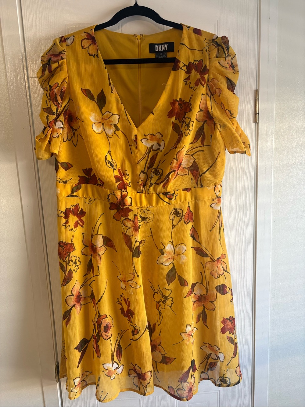 DKNY Size 14 Mustard Yellow Floral Fall Dress Puff Sleeve Thanksgiving